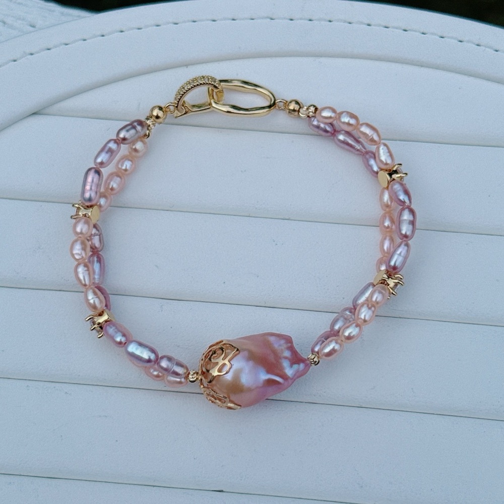 B196 Handmade Flame ball Freshwater Baroque Pearl Bracelet One-of-a-Kind Gift